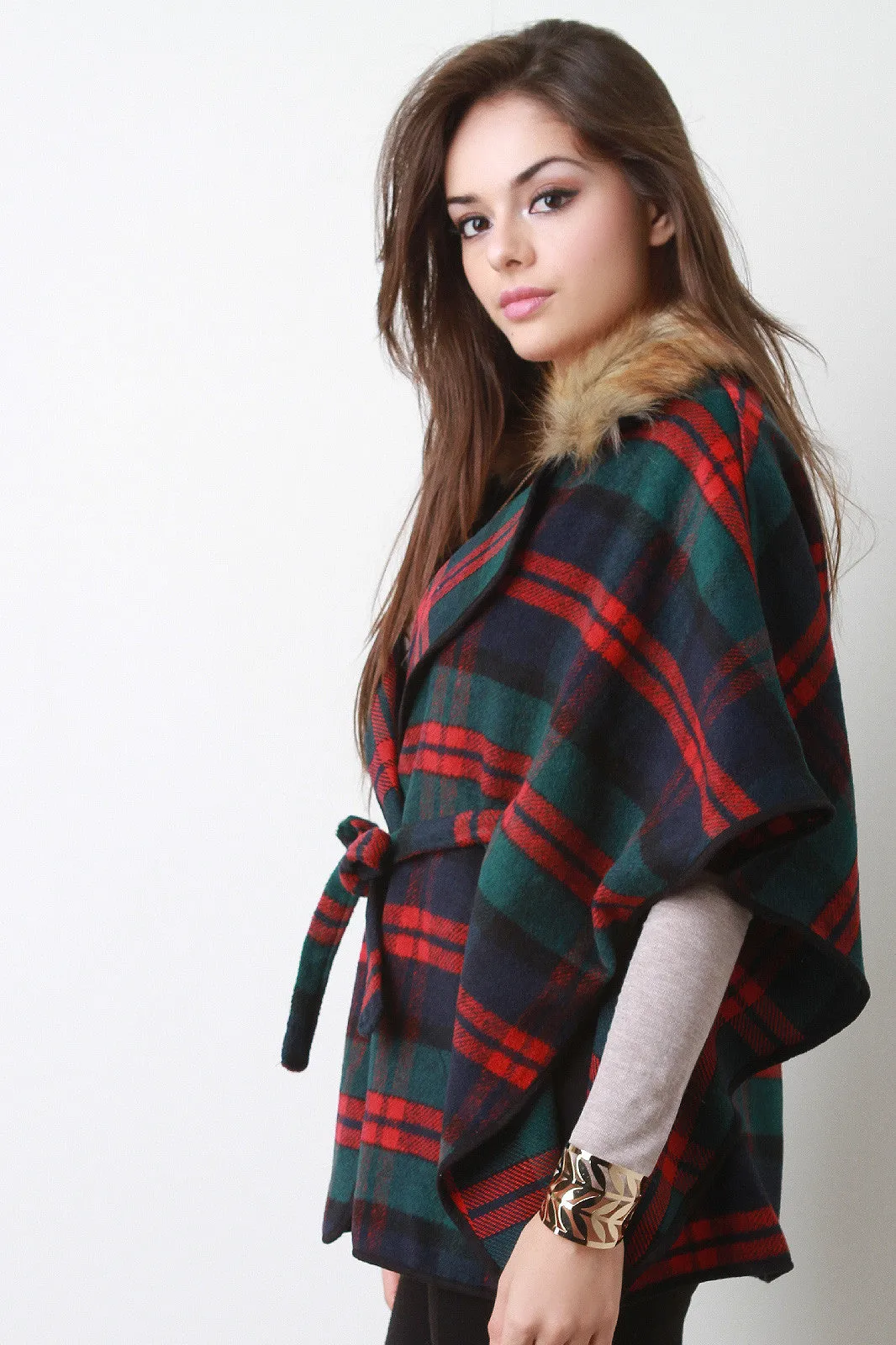 Belted Faux Fur Collar Belted Fleece Poncho