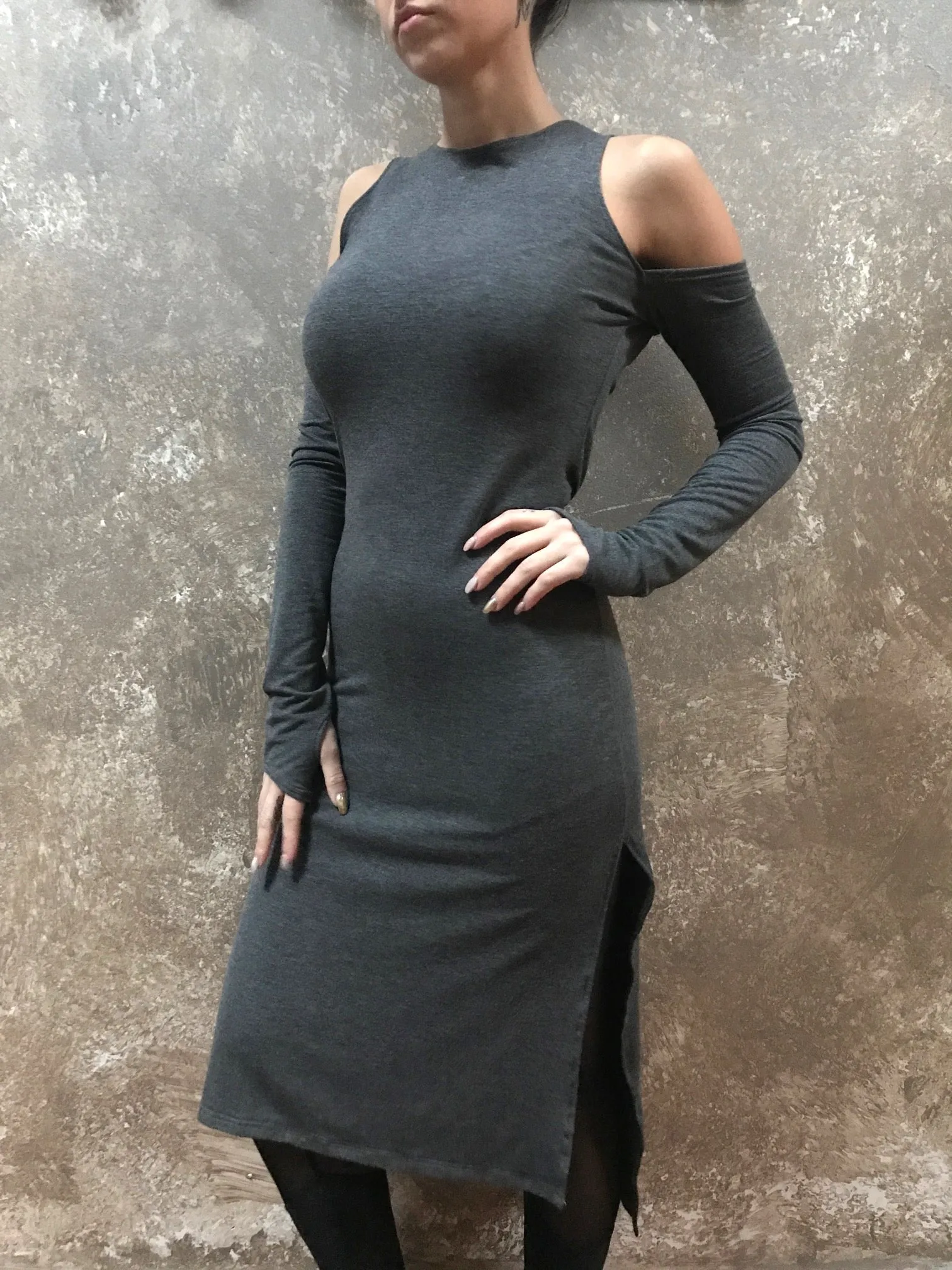 Bianca Rachele Midi Cold Shoulder Slit Midi Dress in Grey