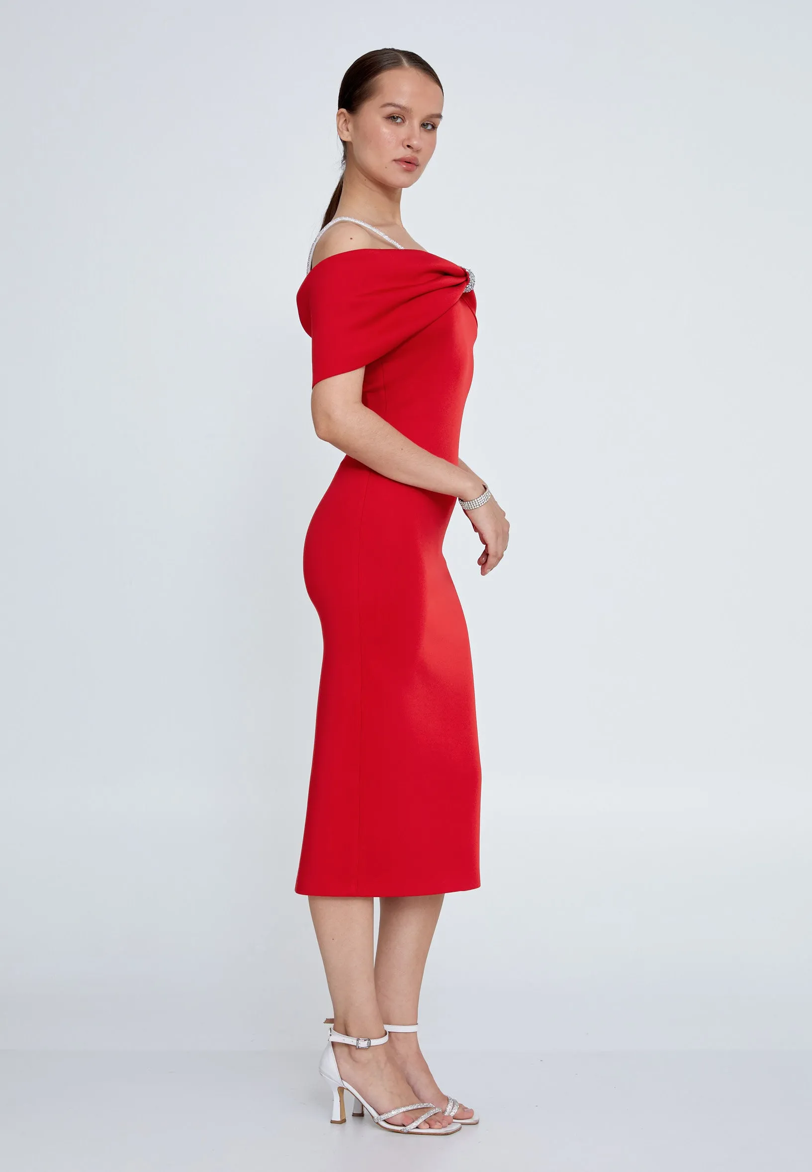 Big Bow Off Shoulder with Straps Midi Pencil Dress - Red