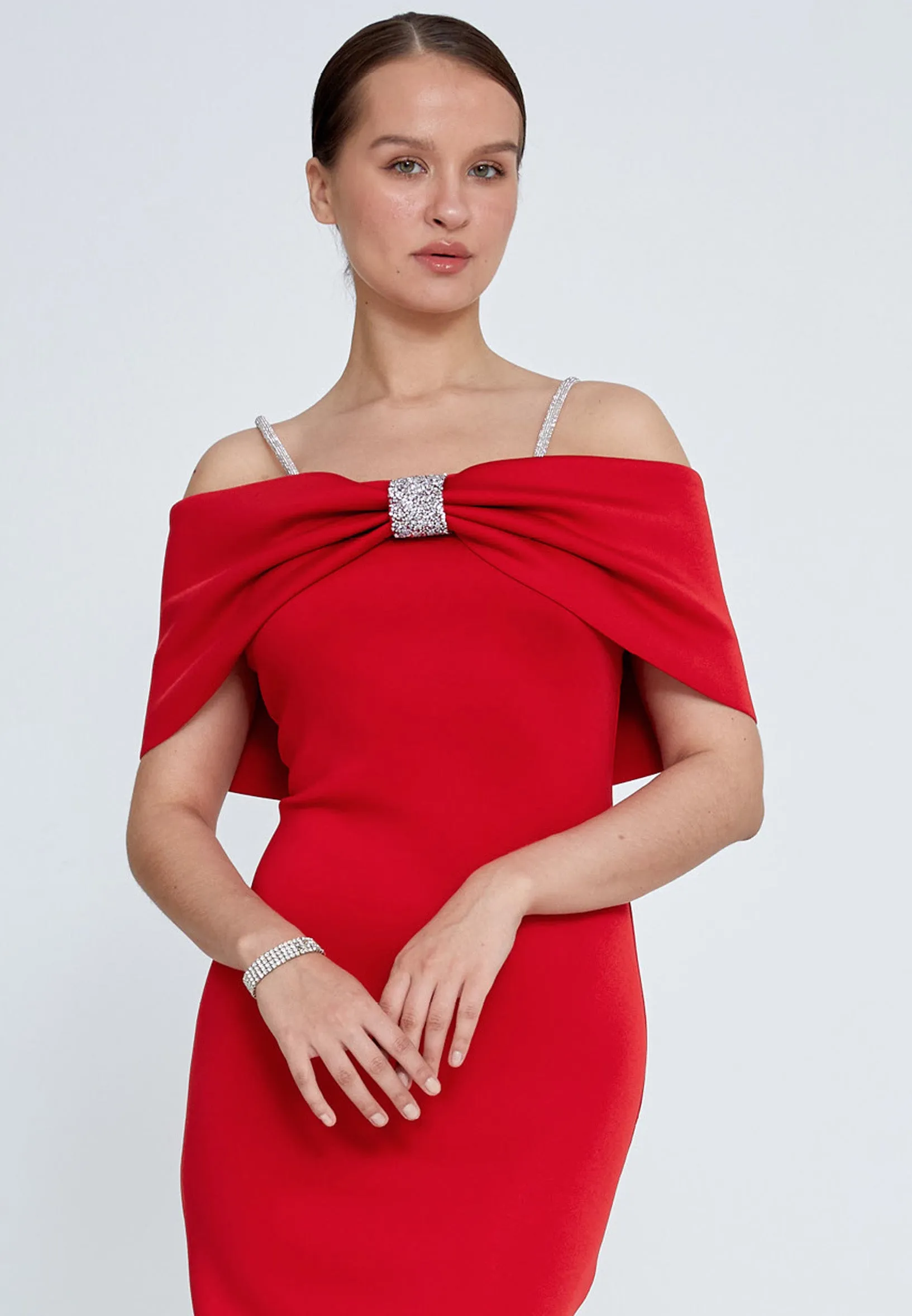 Big Bow Off Shoulder with Straps Midi Pencil Dress - Red