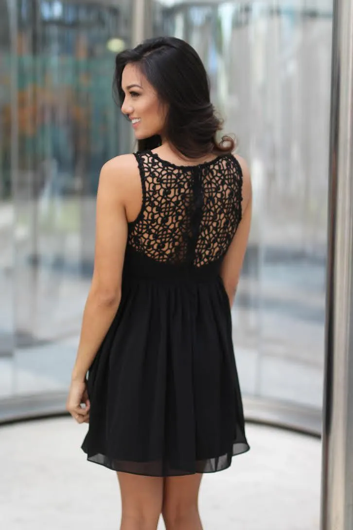 Black Crochet Short Dress With Pleated Skirt