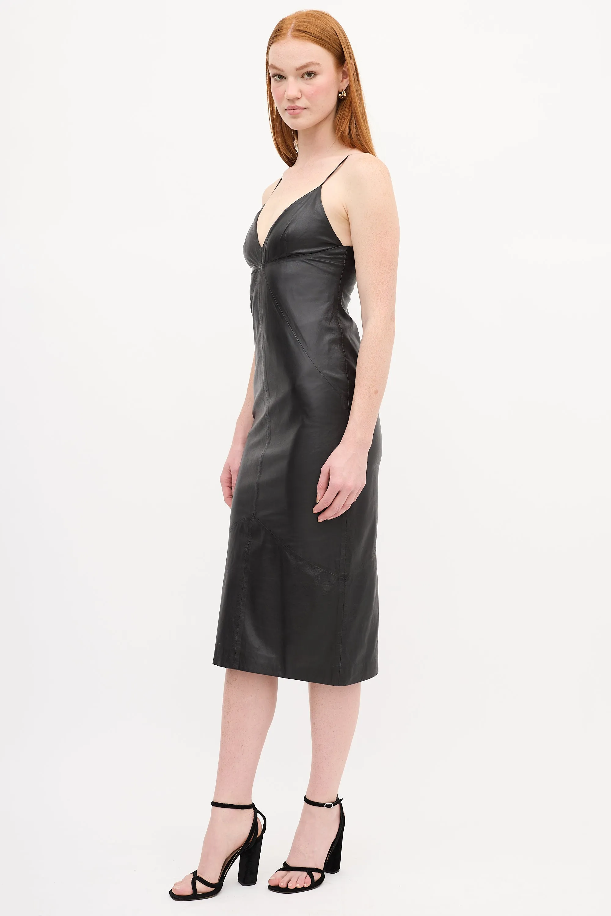 Black Leather Midi Slip Dress