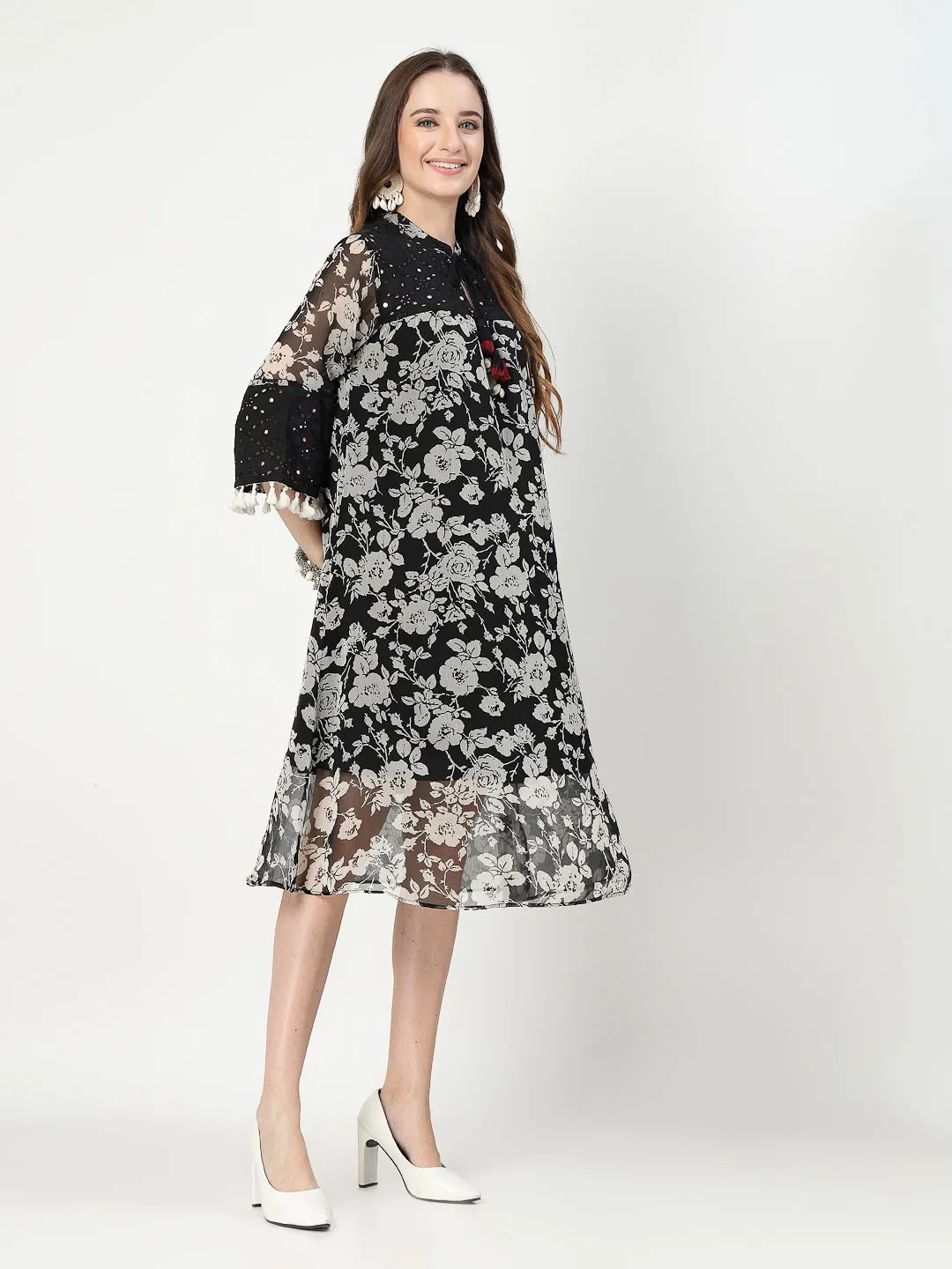 Black Midi Dress with Schiffli Detailing and Tassel Accents