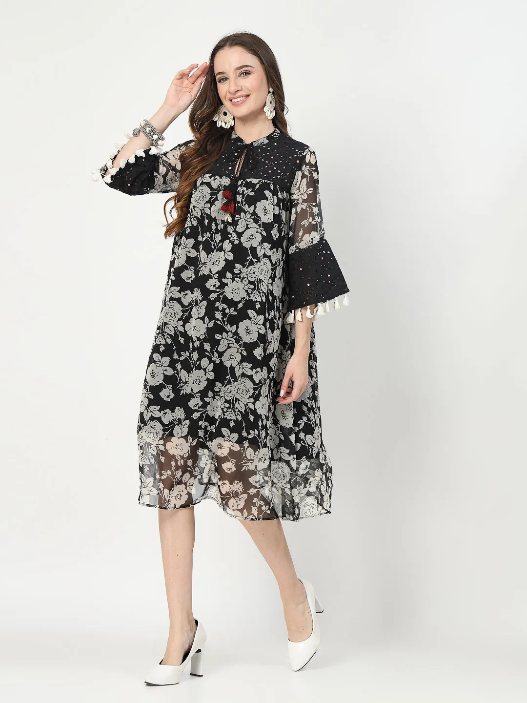 Black Midi Dress with Schiffli Detailing and Tassel Accents