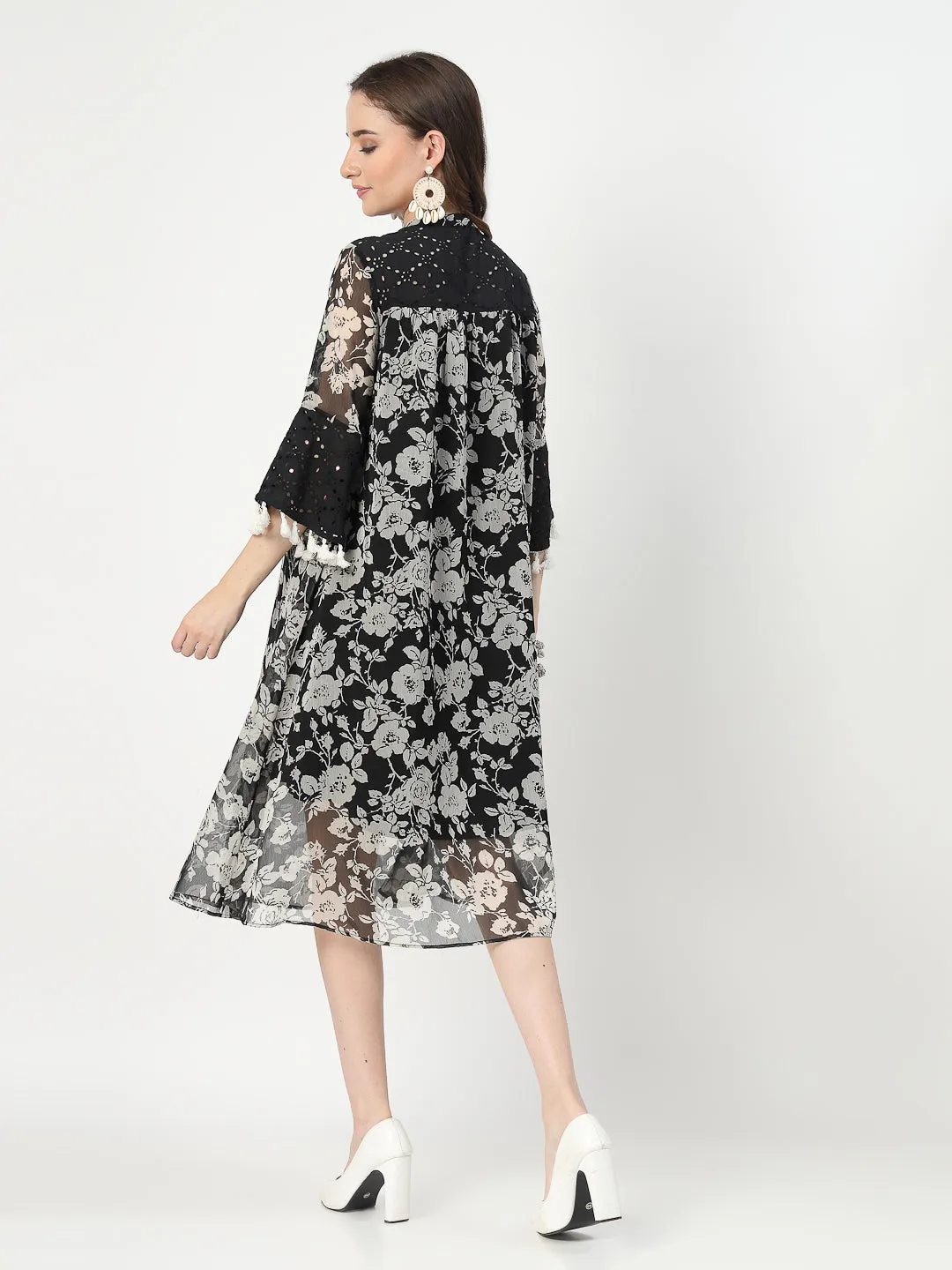 Black Midi Dress with Schiffli Detailing and Tassel Accents