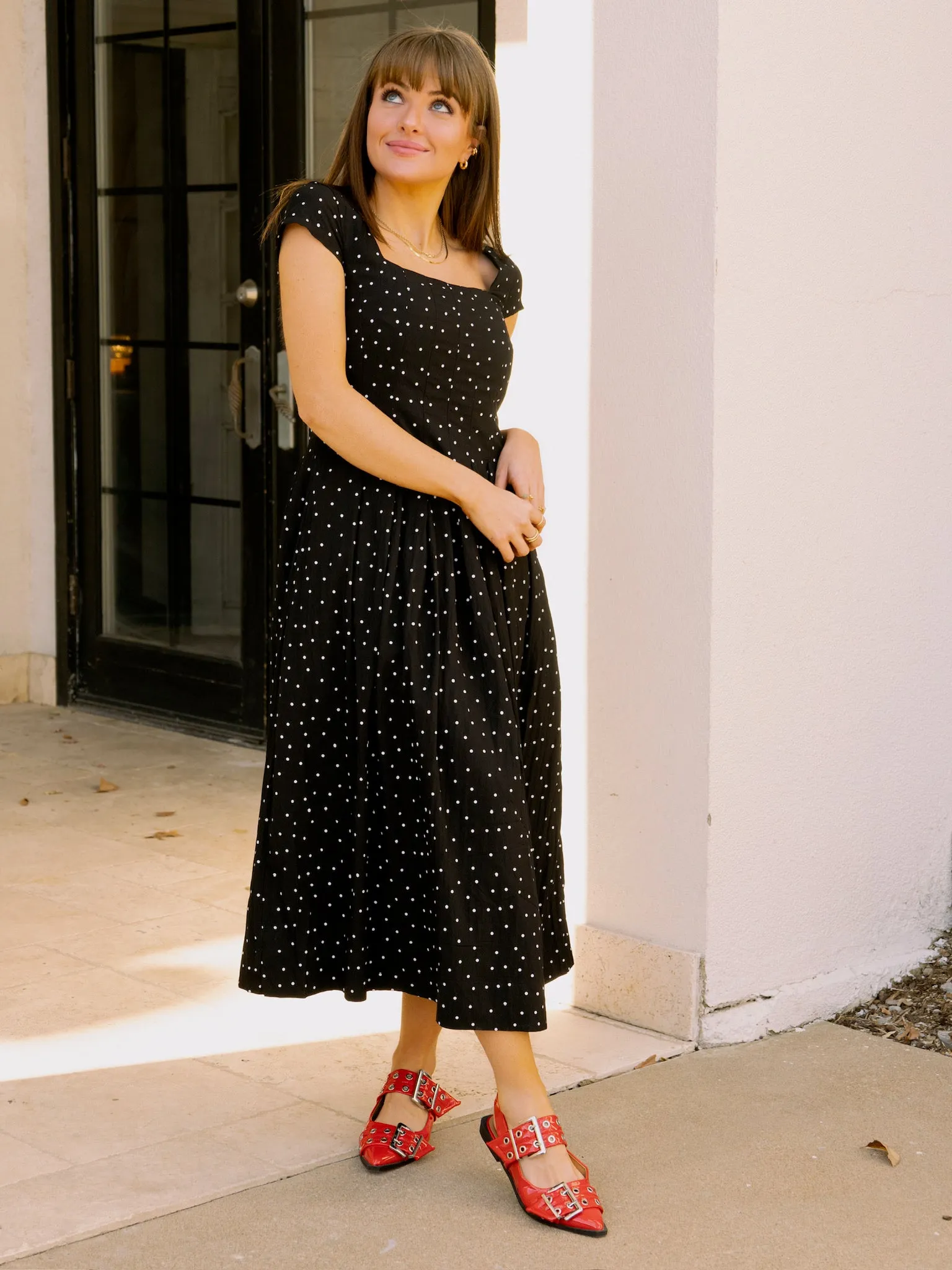 Black Polka Dot Pleated Midi Dress