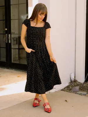 Black Polka Dot Pleated Midi Dress