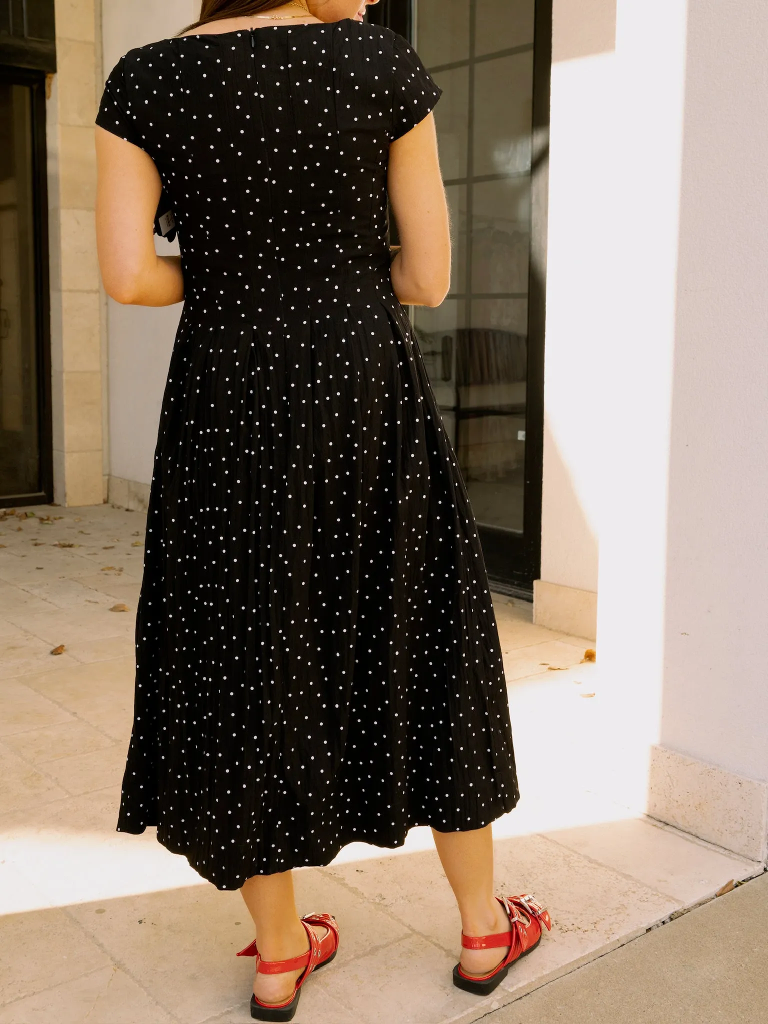 Black Polka Dot Pleated Midi Dress