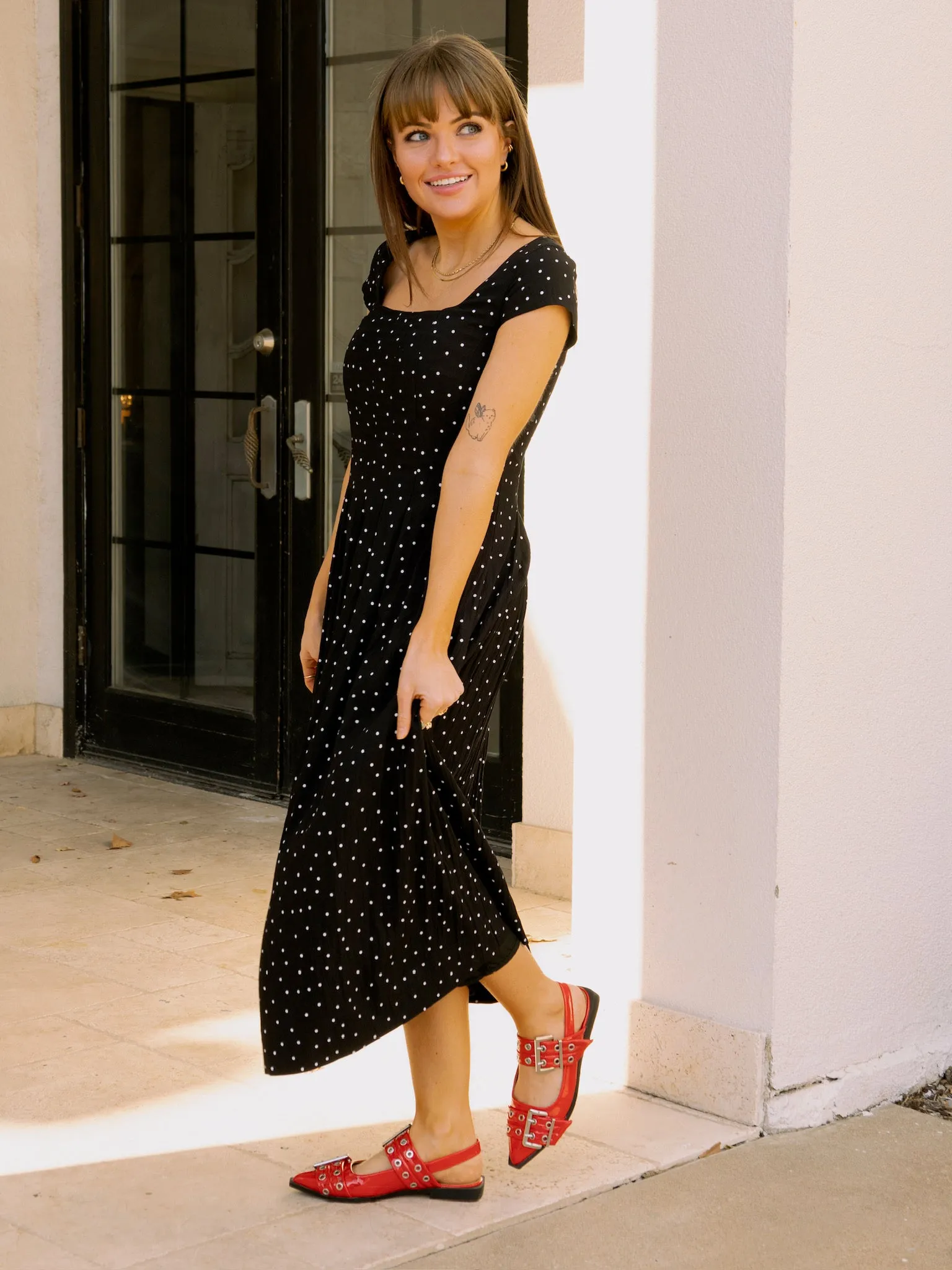 Black Polka Dot Pleated Midi Dress