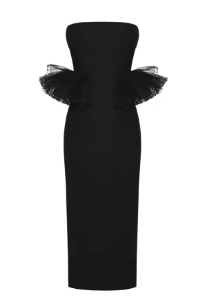 BLACK RUFFLE WAIST CORSET MIDI DRESS