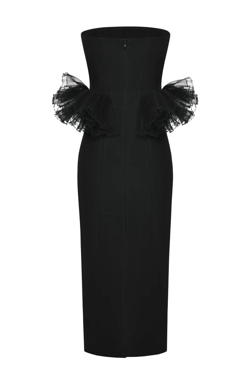 BLACK RUFFLE WAIST CORSET MIDI DRESS