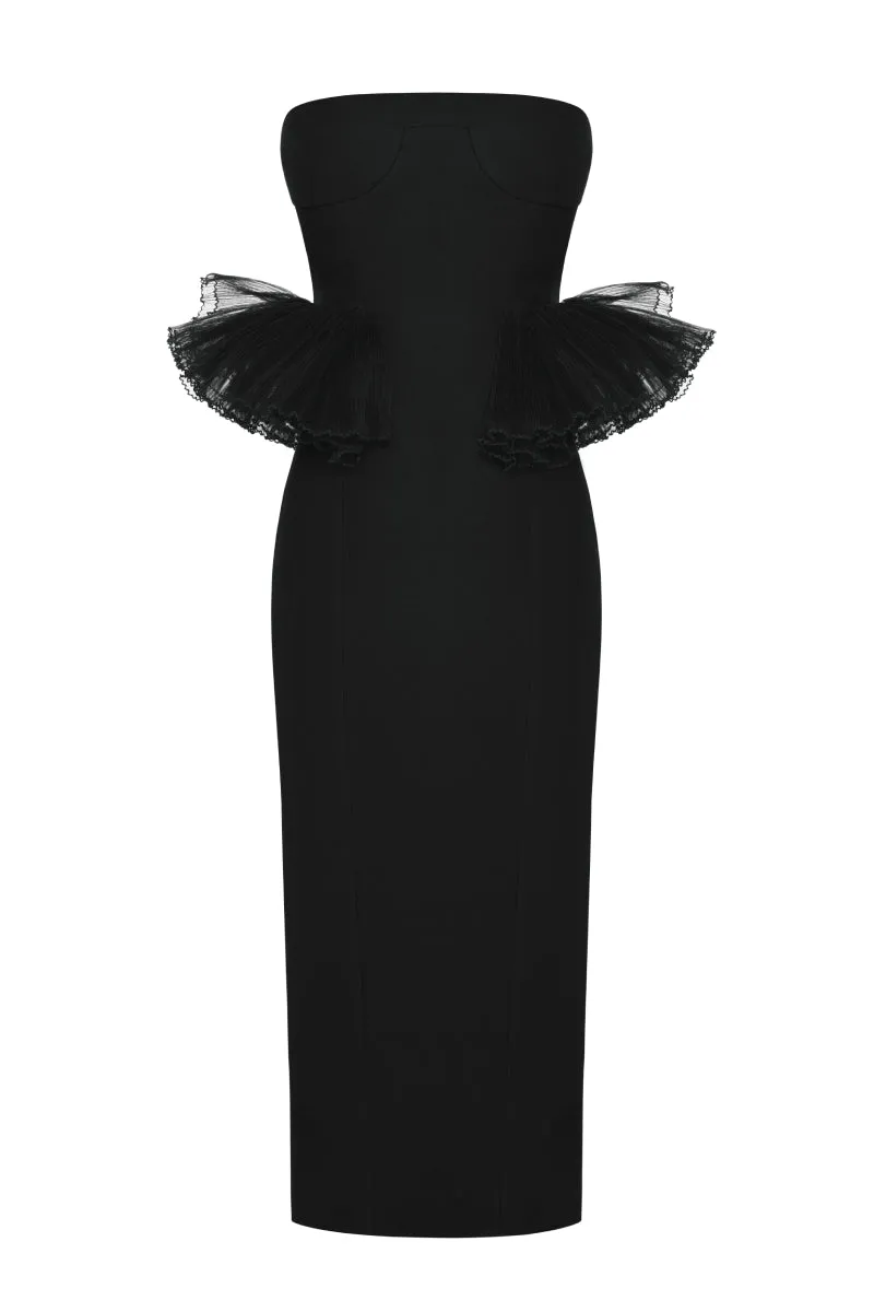 BLACK RUFFLE WAIST CORSET MIDI DRESS