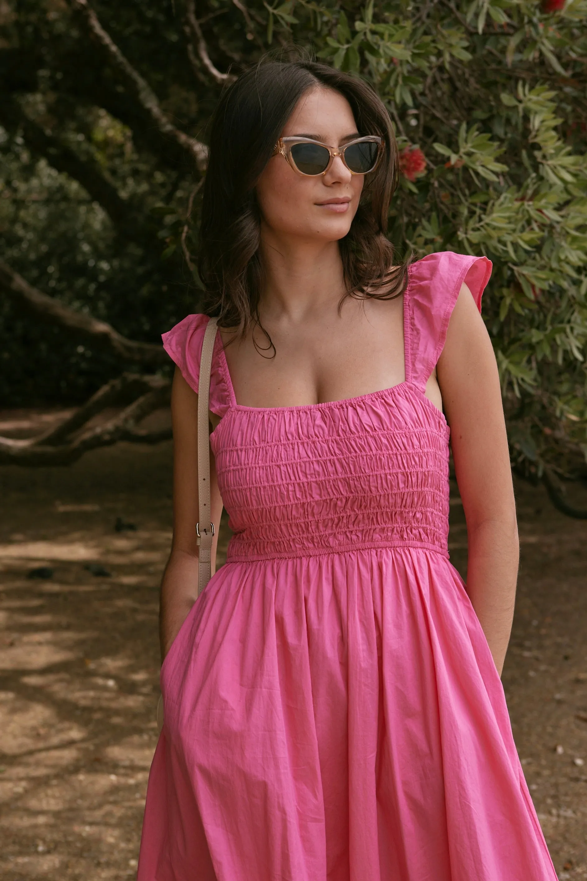 Bonbon Pink Flutter Sleeve Midi Dress