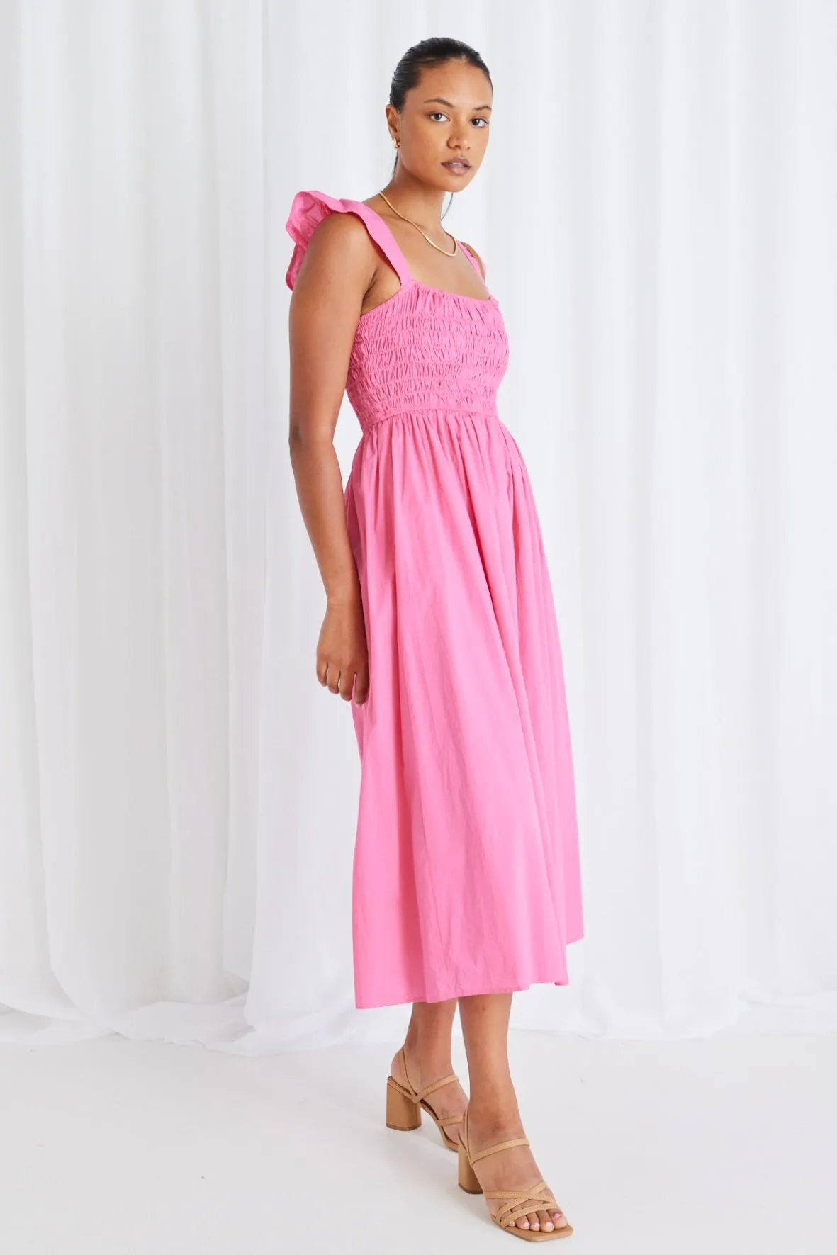 Bonbon Pink Flutter Sleeve Midi Dress