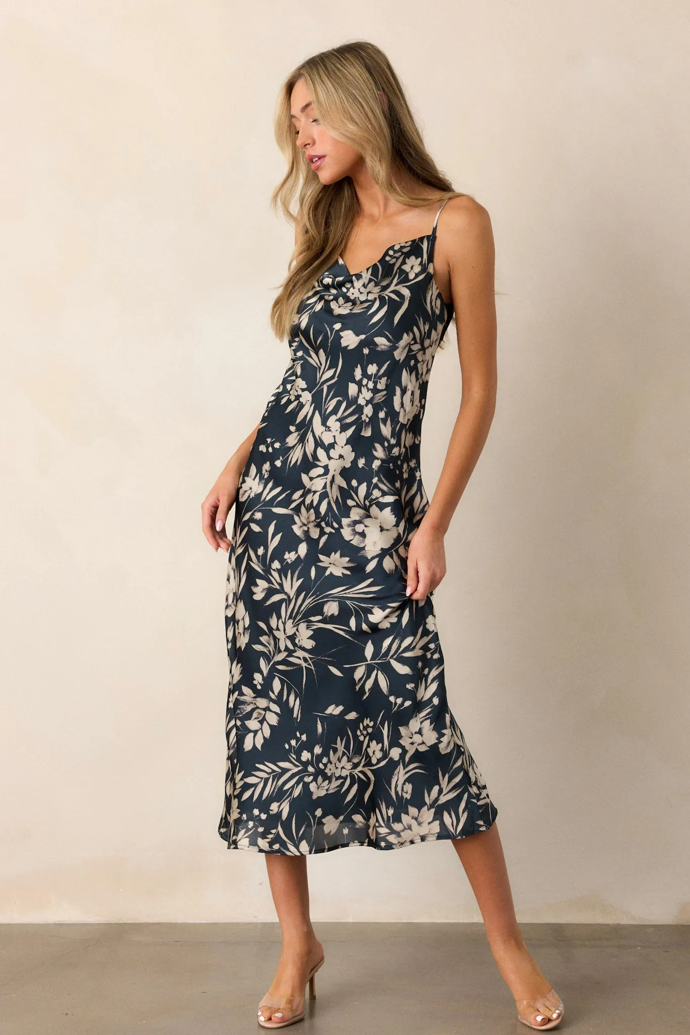 Botanical Escape Dark Teal Floral Satin Midi Dress