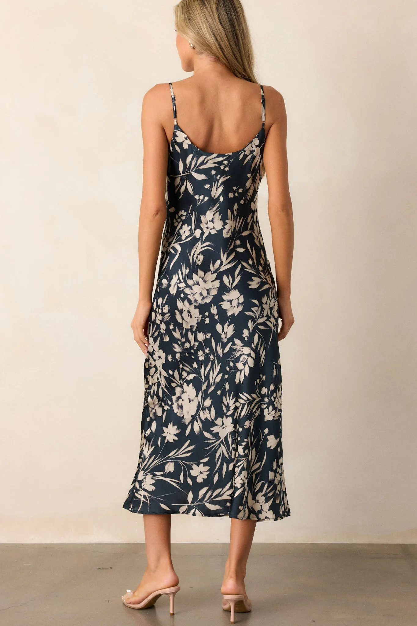 Botanical Escape Dark Teal Floral Satin Midi Dress