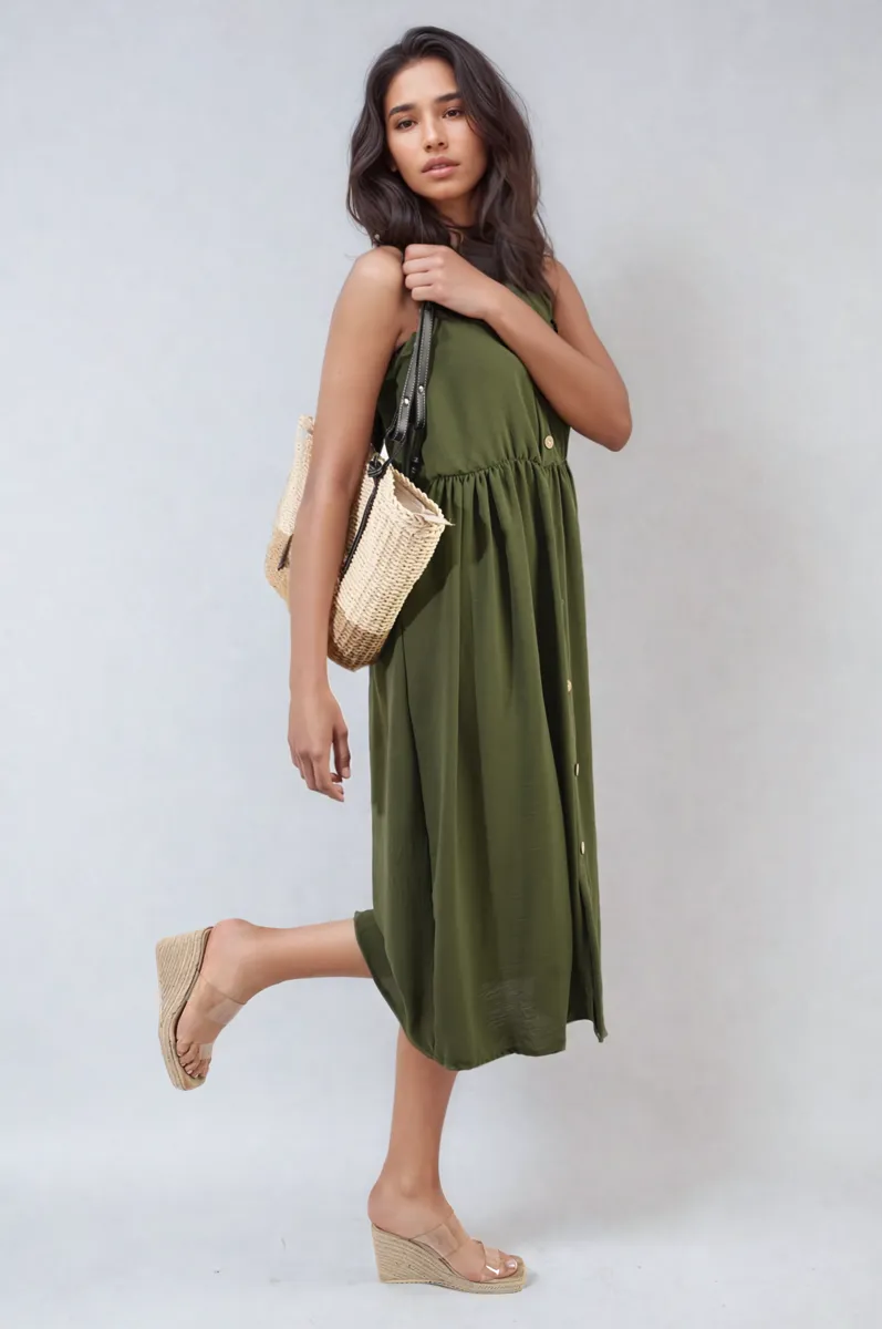 Button Front Strappy Midi Dress