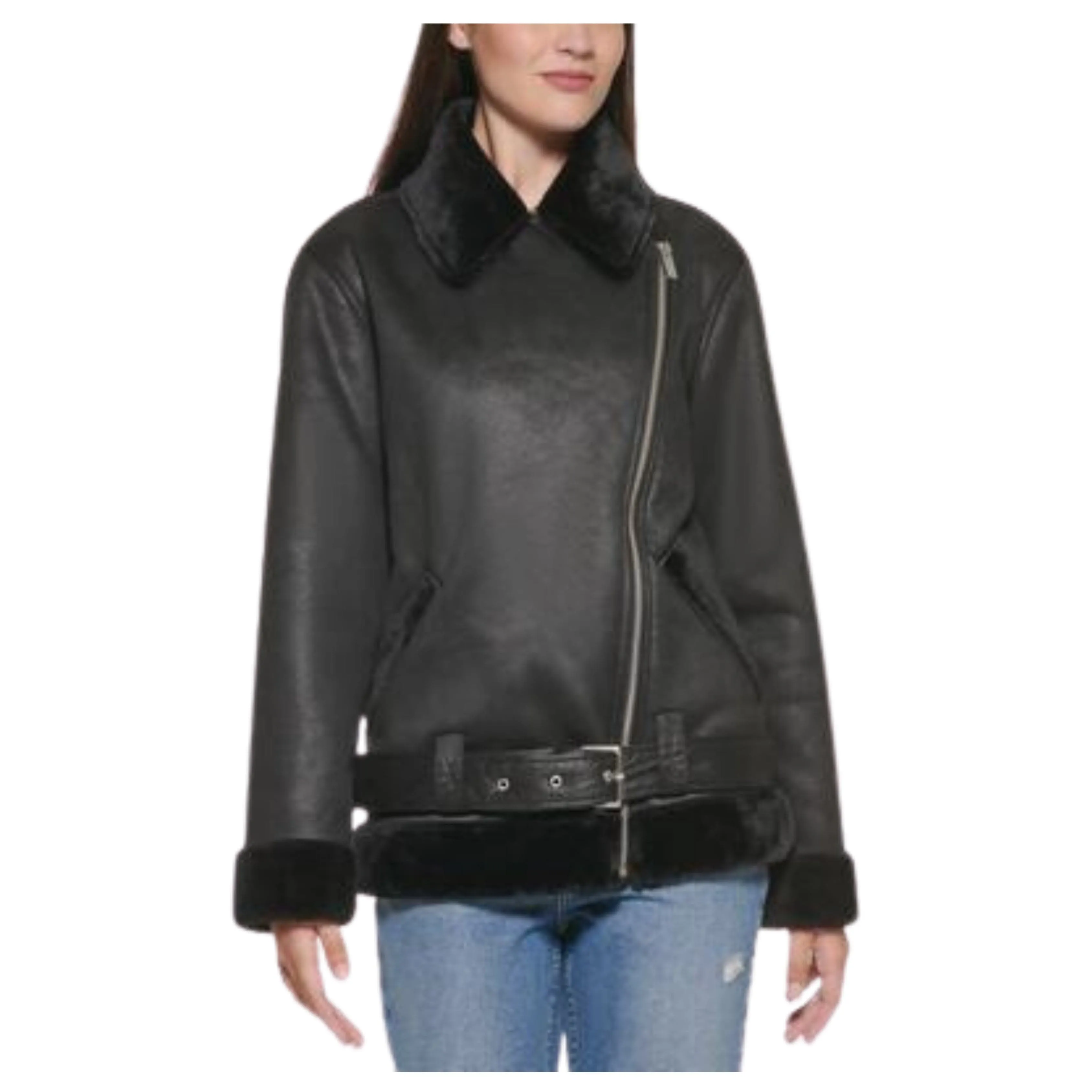 CALVIN KLEIN - Faux Fur-Trim Moto Jacket