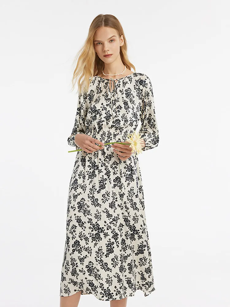 Camellia Printed Gathered Waist Women Midi Dress