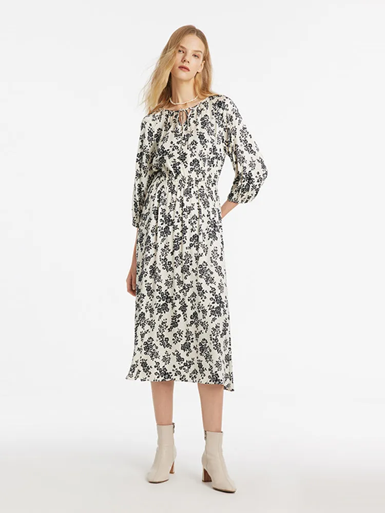 Camellia Printed Gathered Waist Women Midi Dress