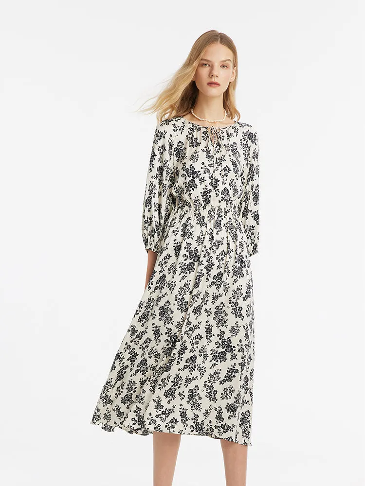 Camellia Printed Gathered Waist Women Midi Dress