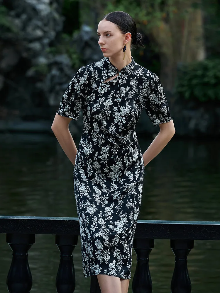 Camellia Printed Mandarin Collared Cheongsam Women Midi Qipao Dress