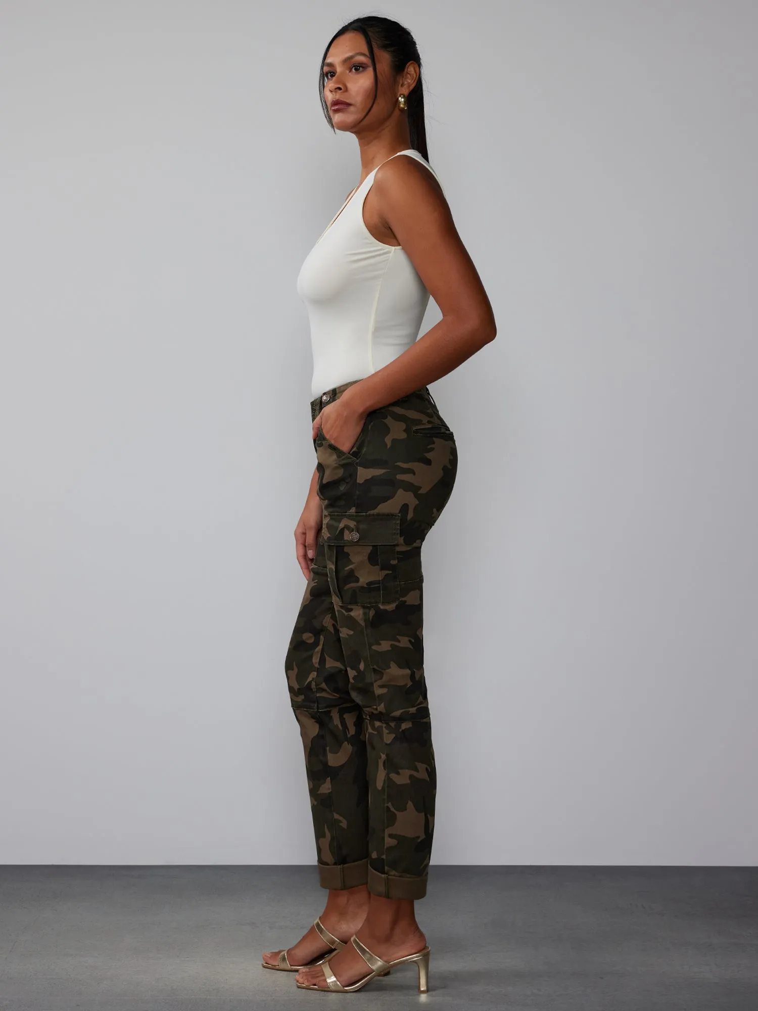 Camo Mid Rise Boyfriend Cargo Jeans