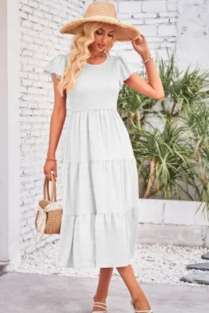 Candy Shirred Bodice Midi Dress - White