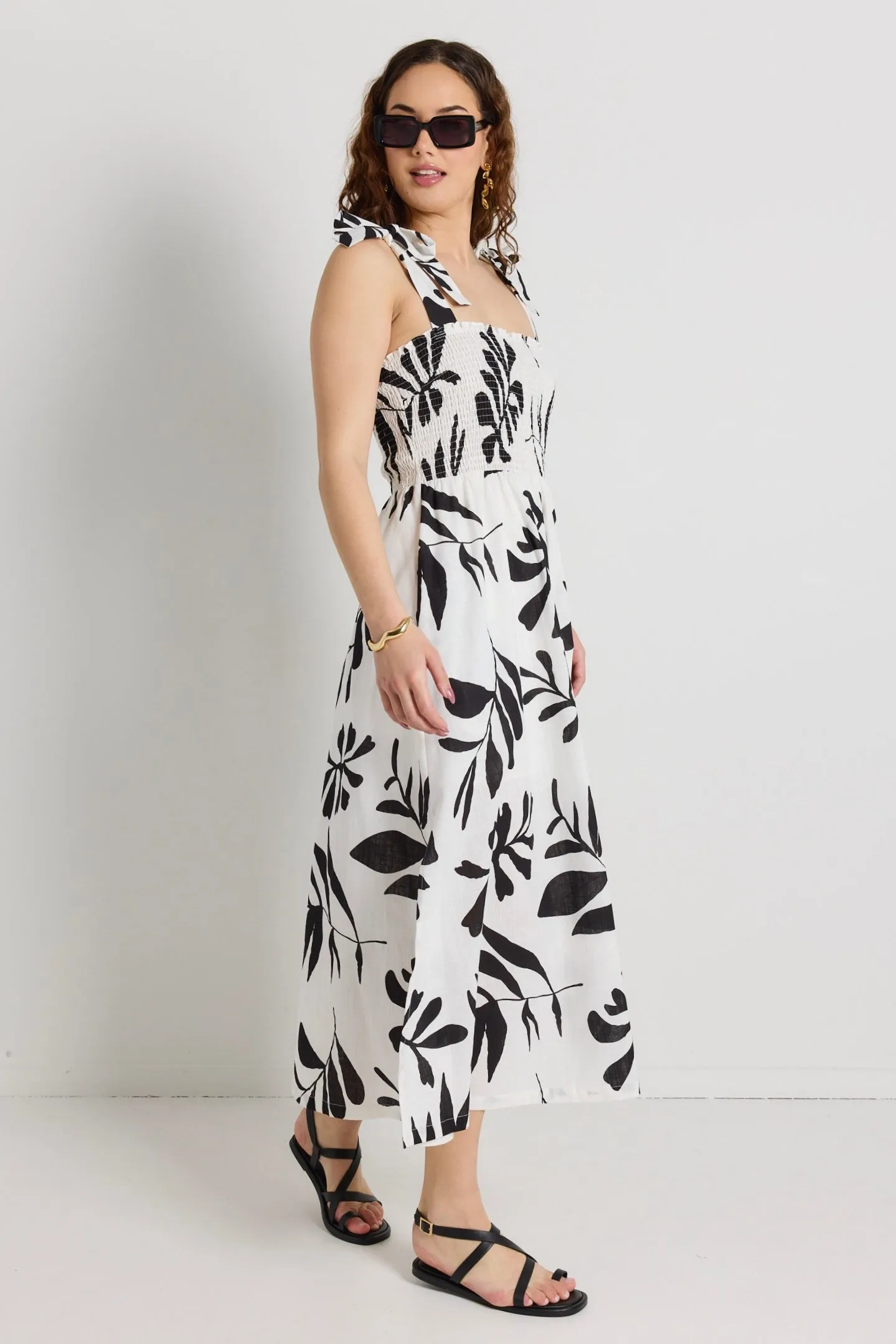 Capricorn Ivory Leaf Print Tie Strap Shirred Midi Dress