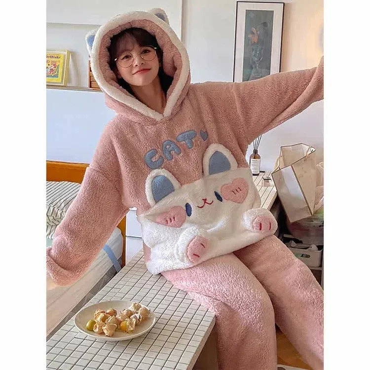 Cartoon Kitty Letter Embroidery Plush Hooded Pajamas Set