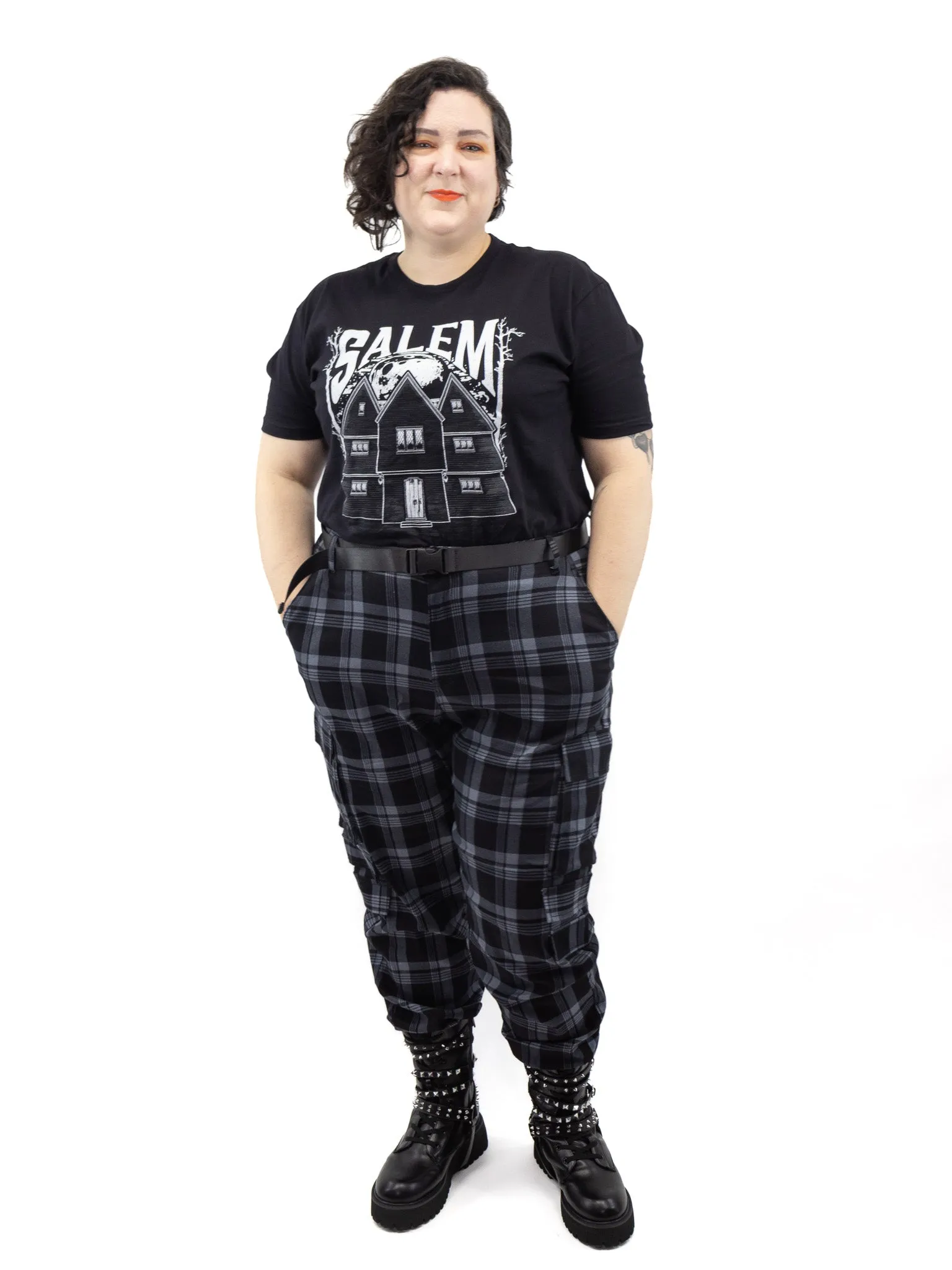 Cece Grey Plaid Cargo Joggers