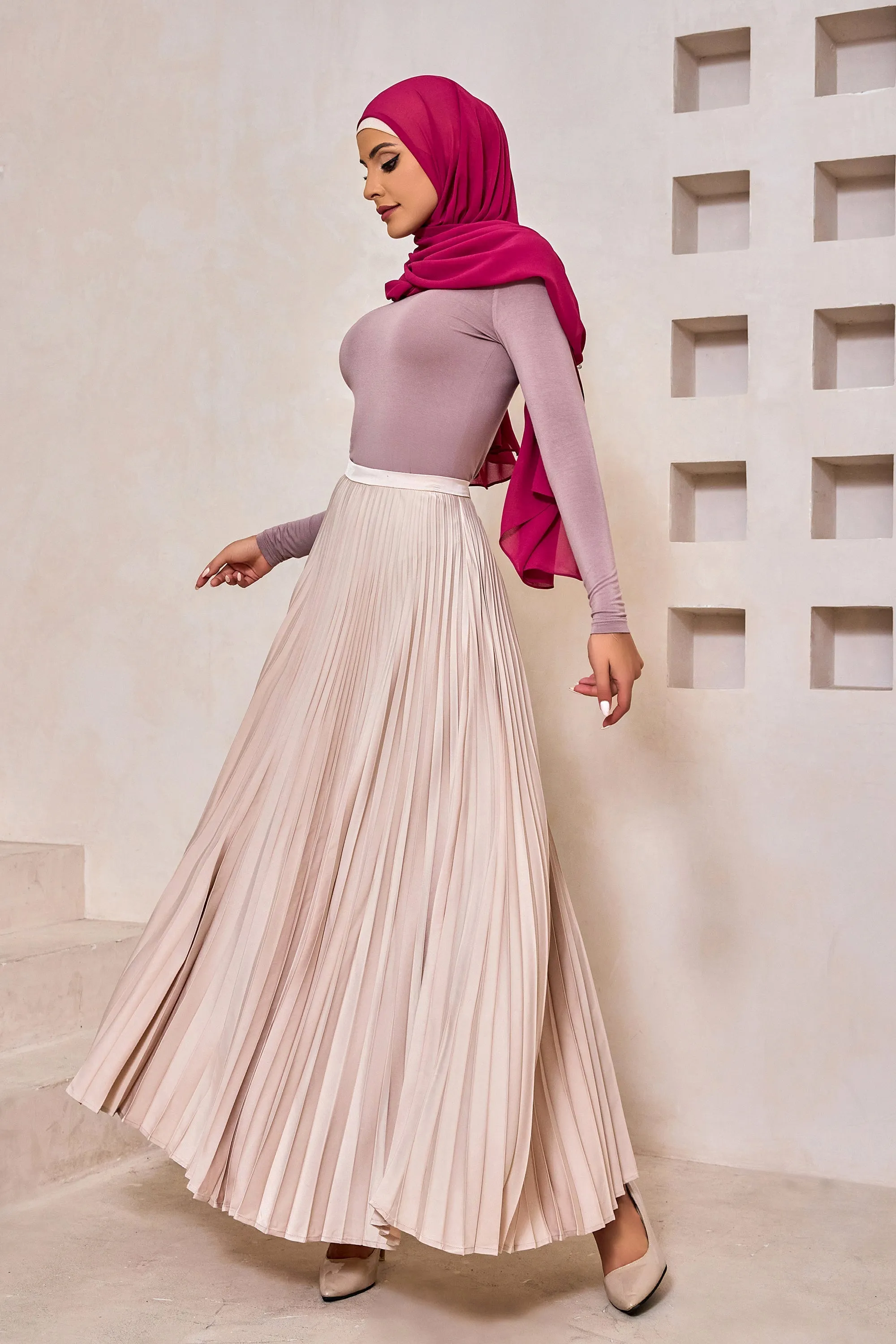 Champagne Satin Pleated Maxi Skirt