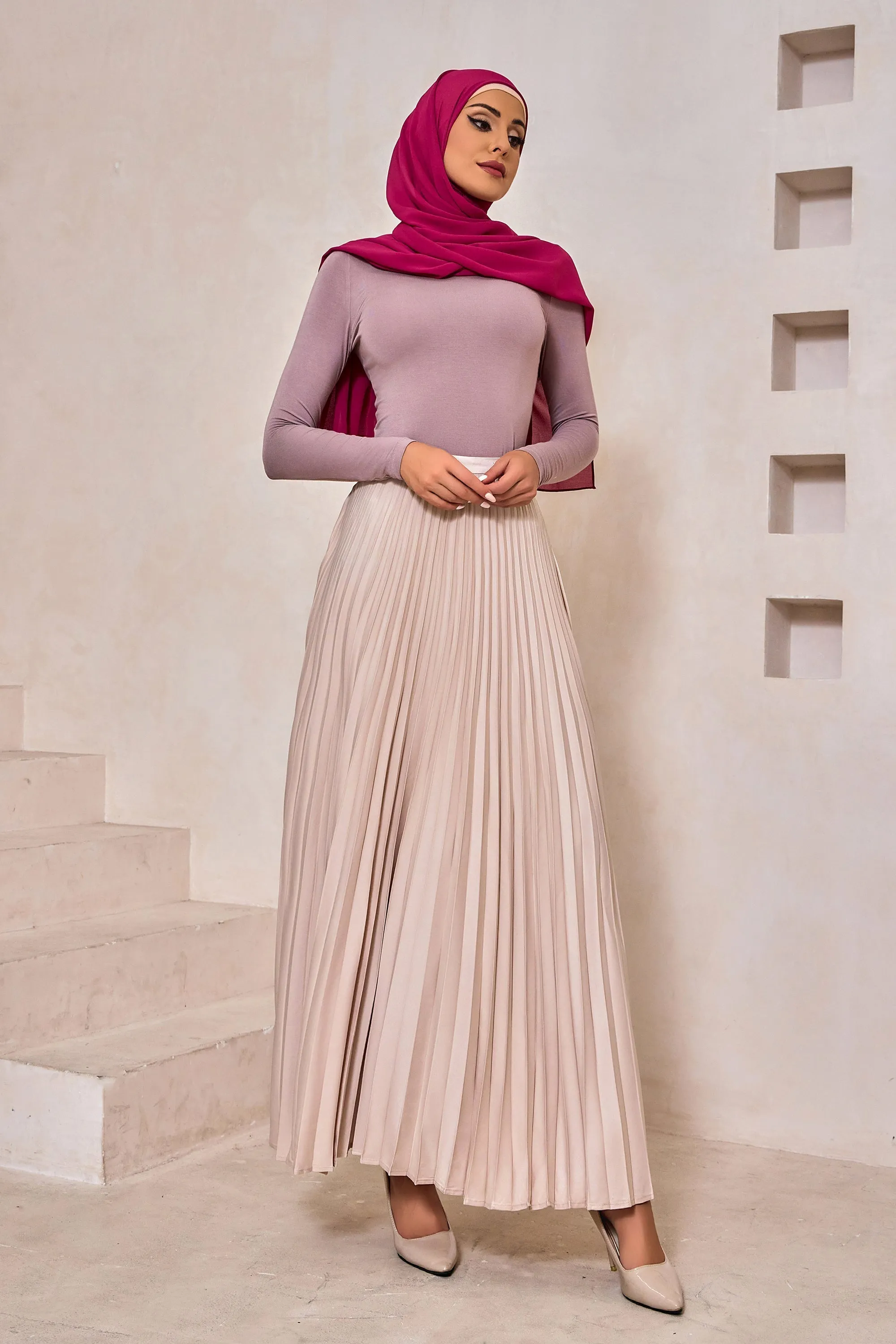 Champagne Satin Pleated Maxi Skirt