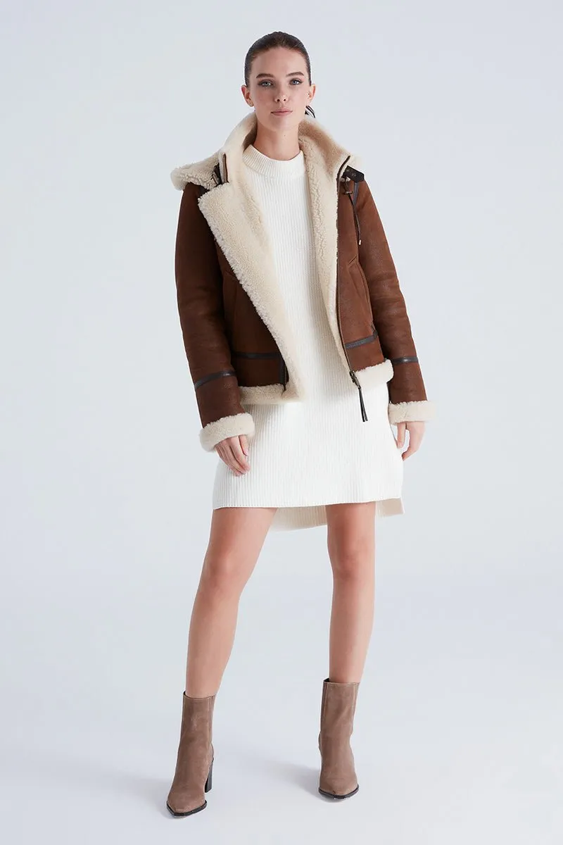 Chloe Women's Shearling Sheepskin Jacket with Detachable Hood - Whiskey