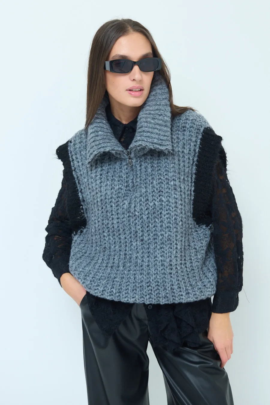 Chunky knit sleeveless vest with zip collar wholesale