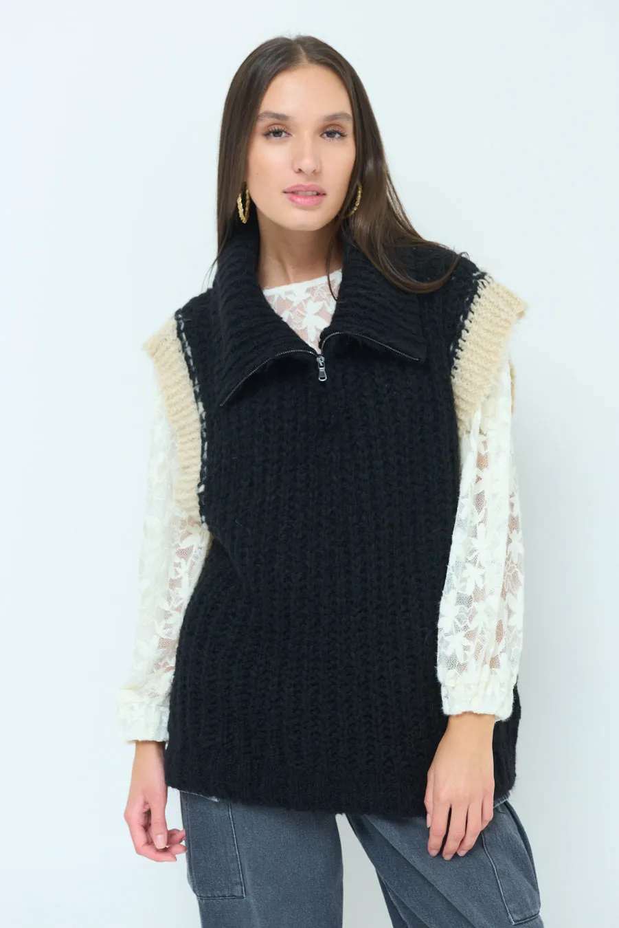 Chunky knit sleeveless vest with zip collar wholesale