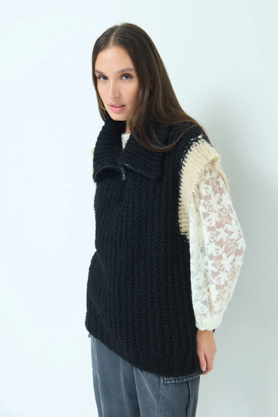 Chunky knit sleeveless vest with zip collar wholesale