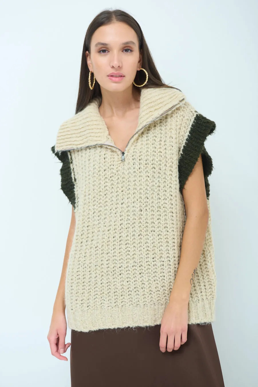 Chunky knit sleeveless vest with zip collar wholesale