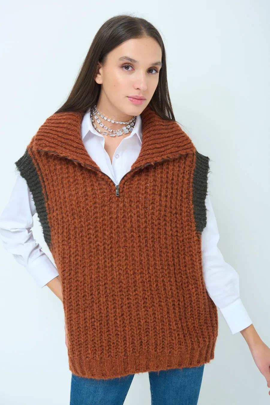 Chunky knit sleeveless vest with zip collar wholesale