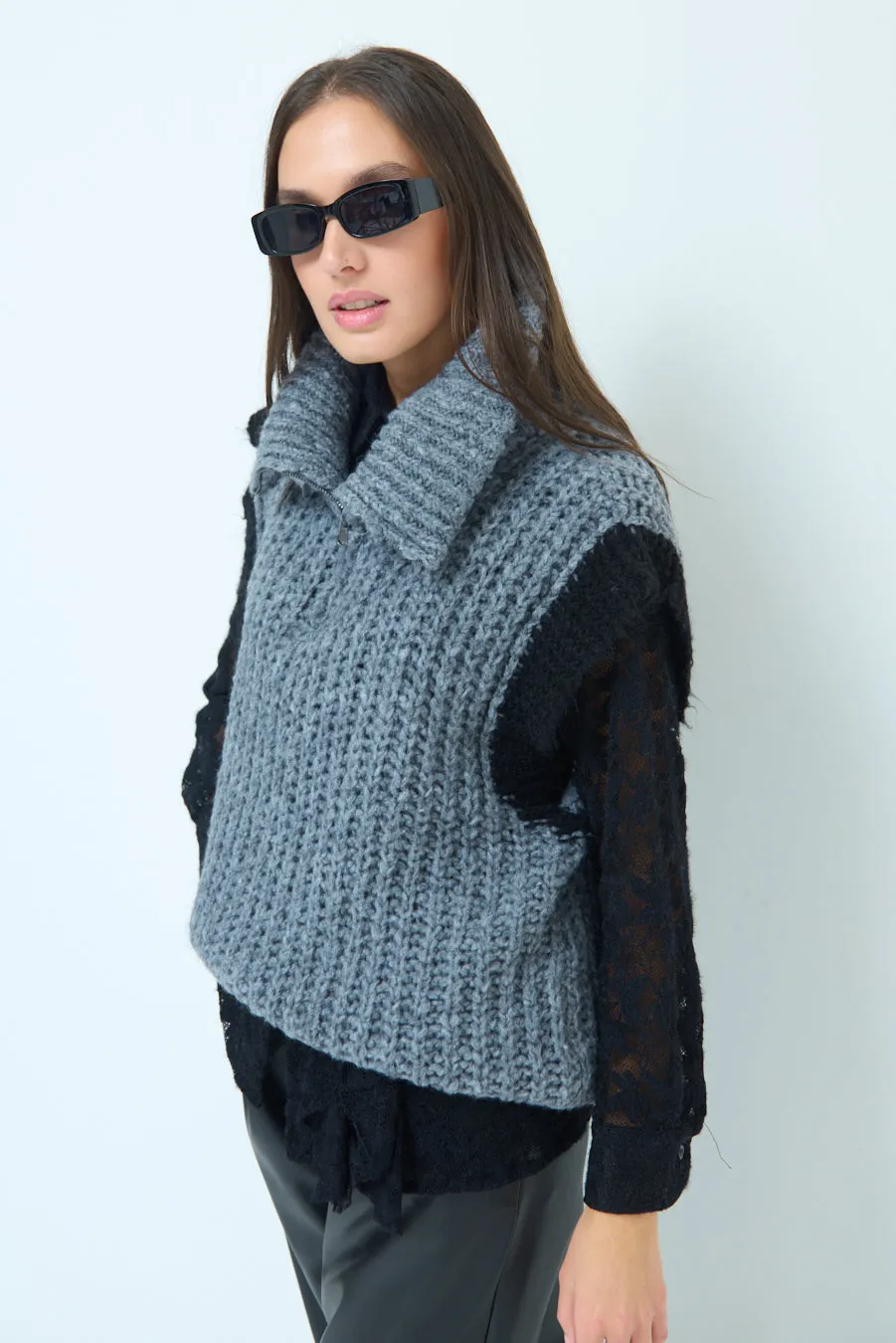 Chunky knit sleeveless vest with zip collar wholesale