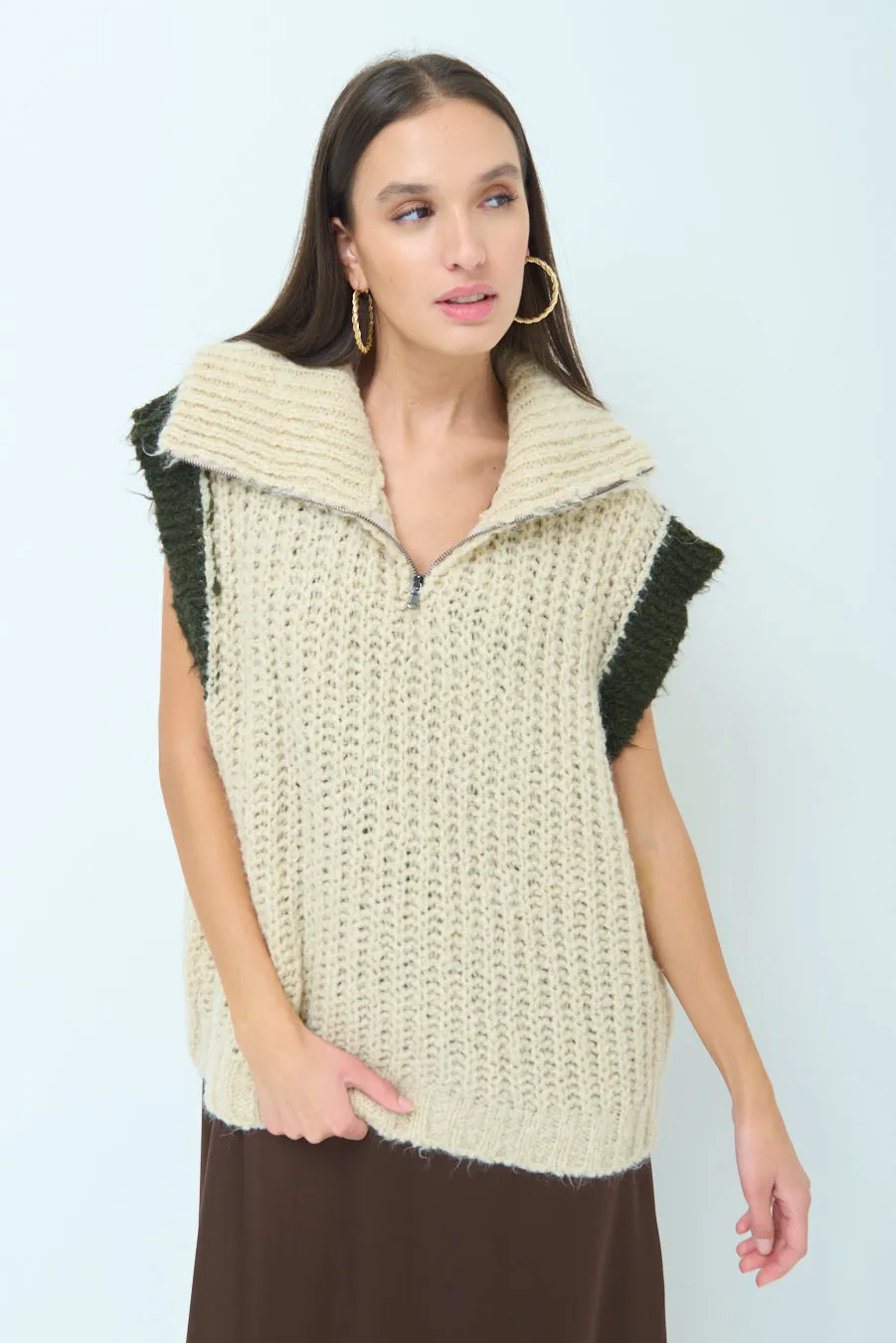 Chunky knit sleeveless vest with zip collar wholesale