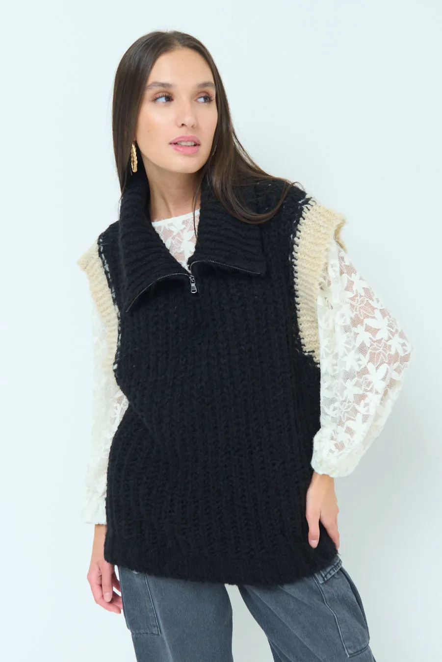 Chunky knit sleeveless vest with zip collar wholesale