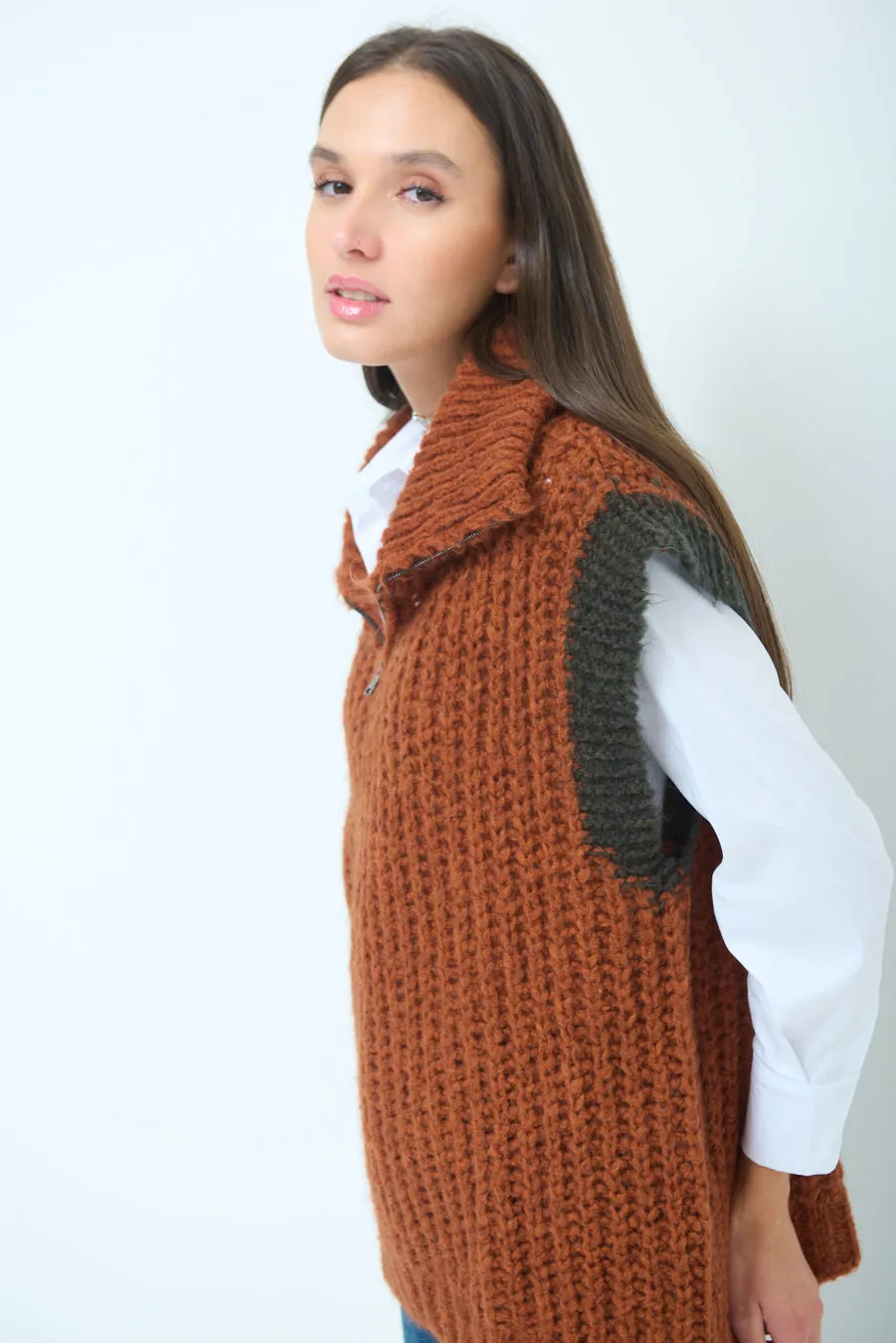 Chunky knit sleeveless vest with zip collar wholesale