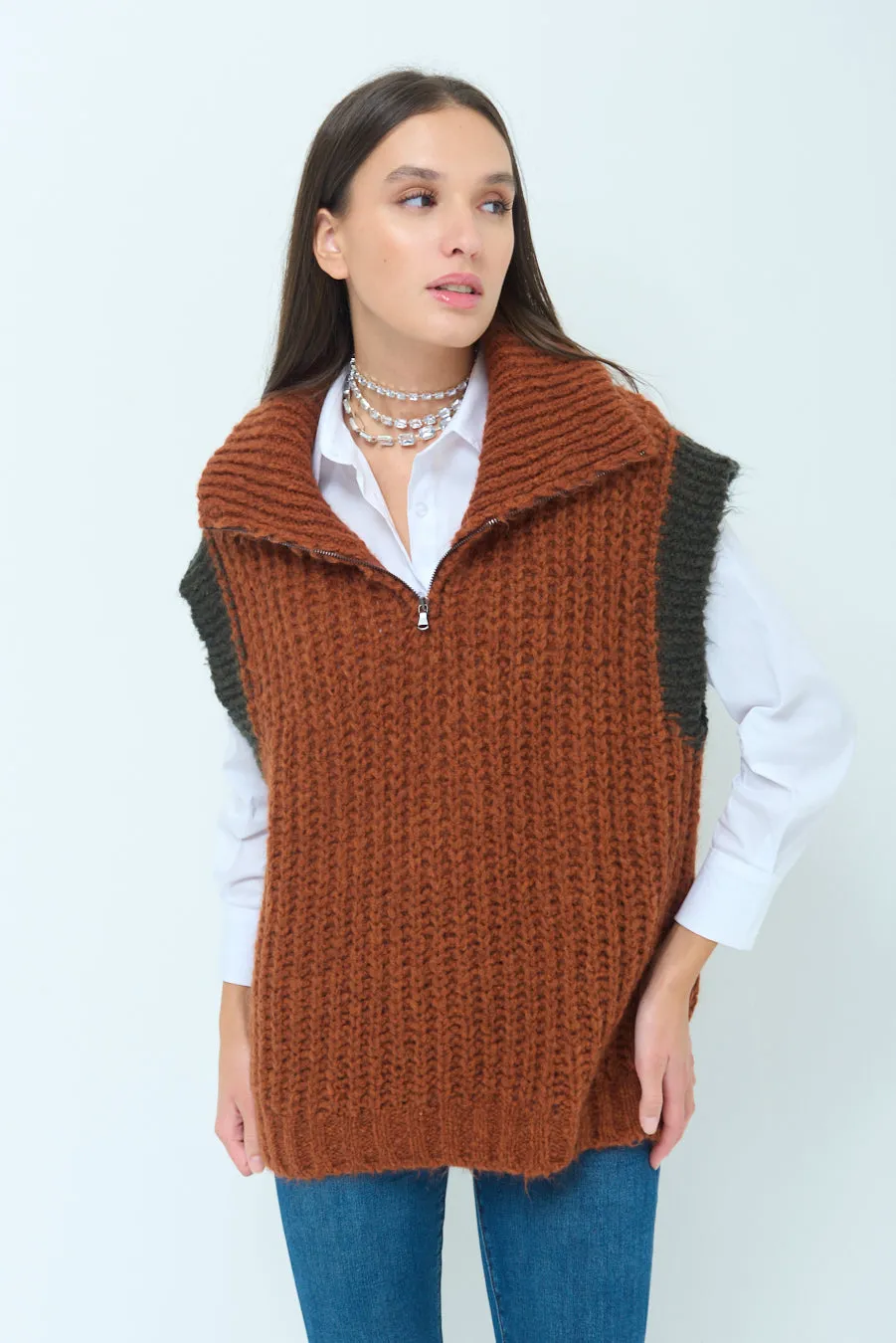 Chunky knit sleeveless vest with zip collar wholesale