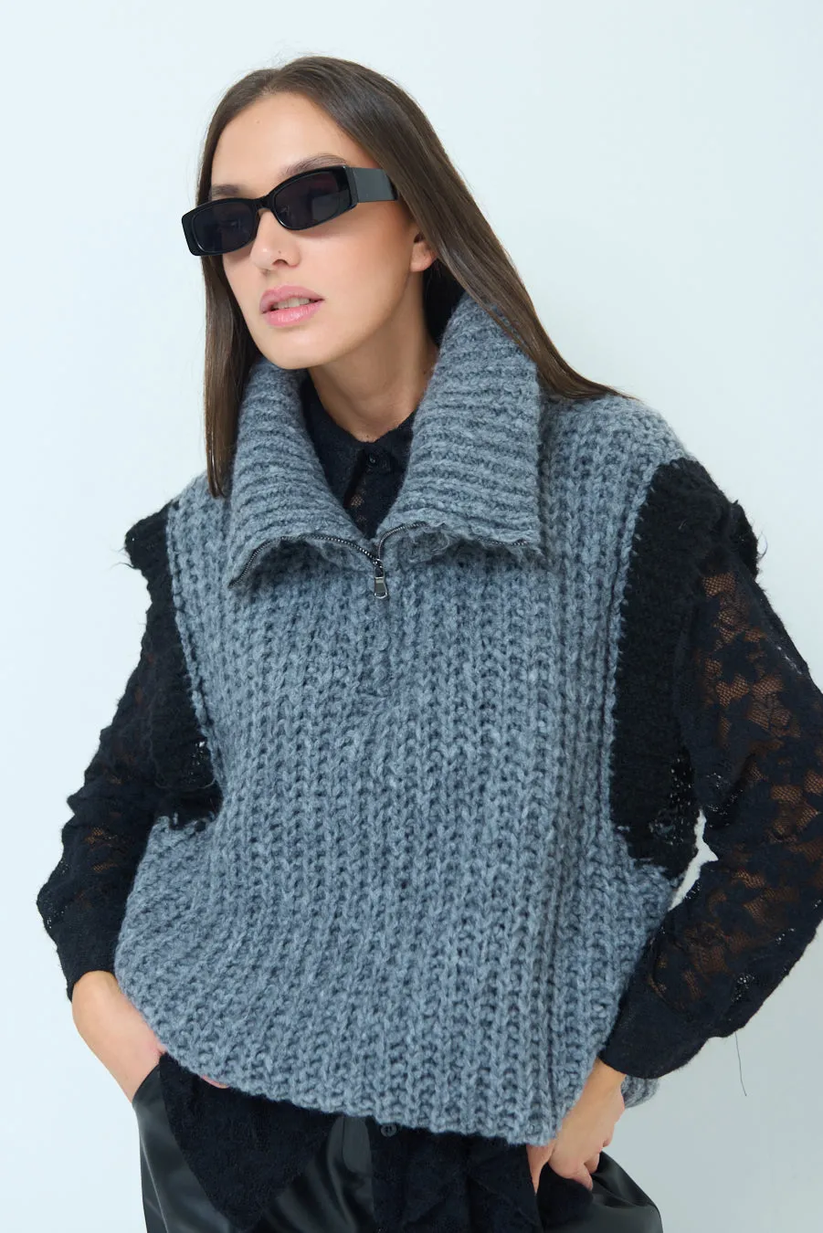 Chunky knit sleeveless vest with zip collar wholesale