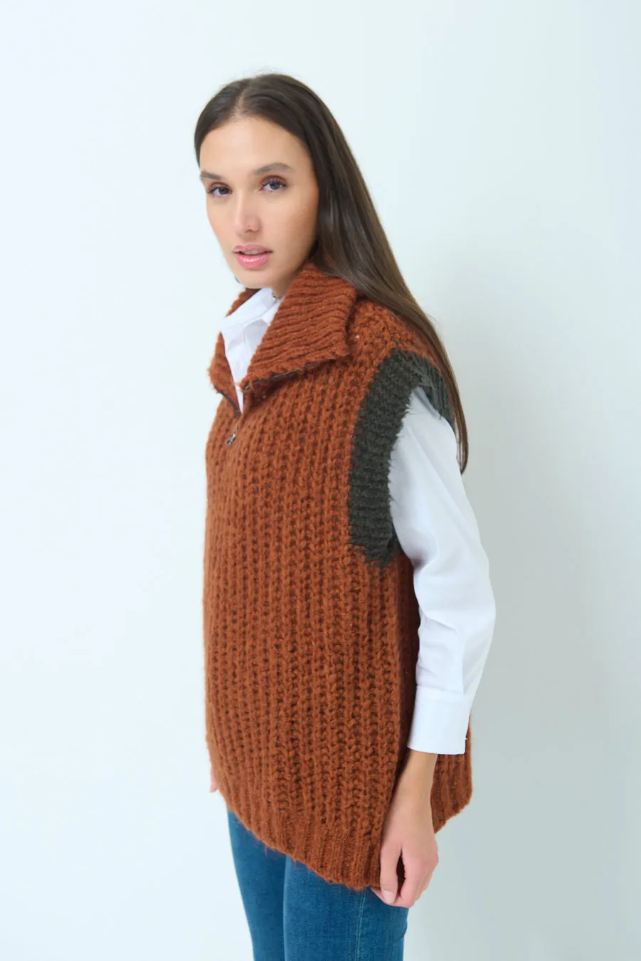 Chunky knit sleeveless vest with zip collar wholesale