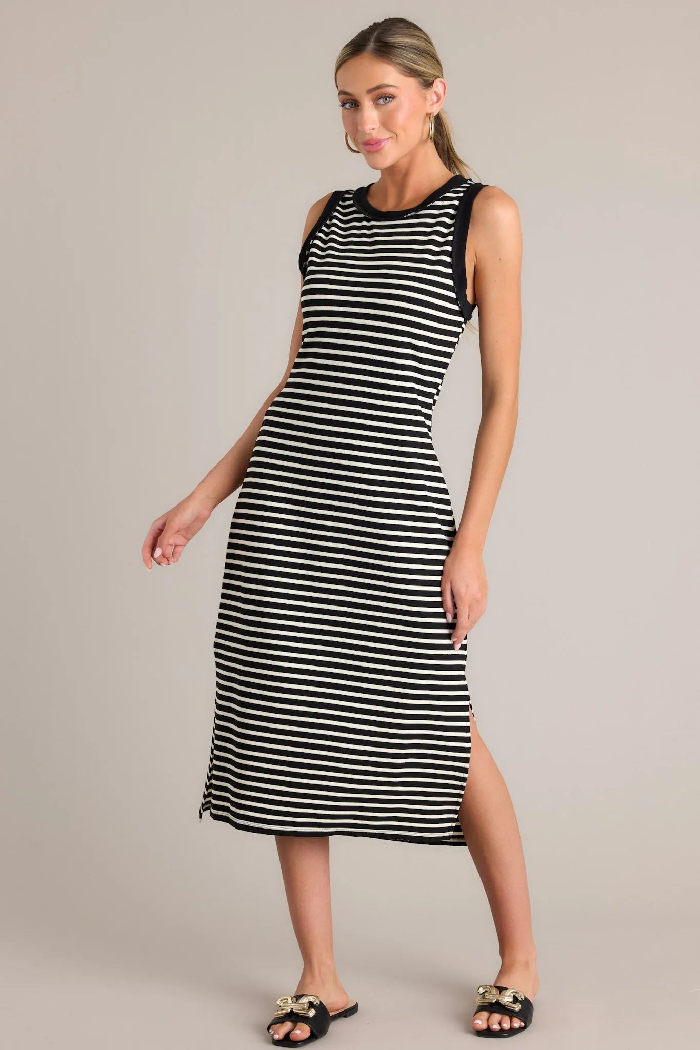 Classic Contrast Black Stripe Midi Dress