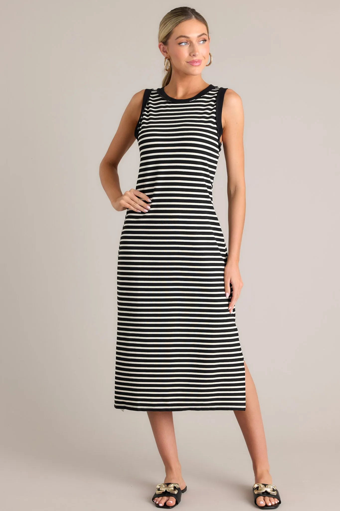 Classic Contrast Black Stripe Midi Dress