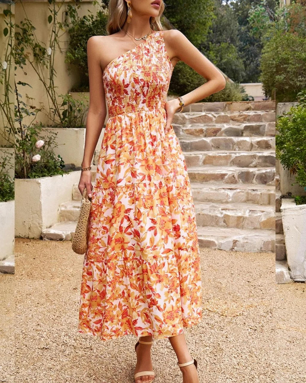 Cleo Floral One Shoulder Midi - Peach