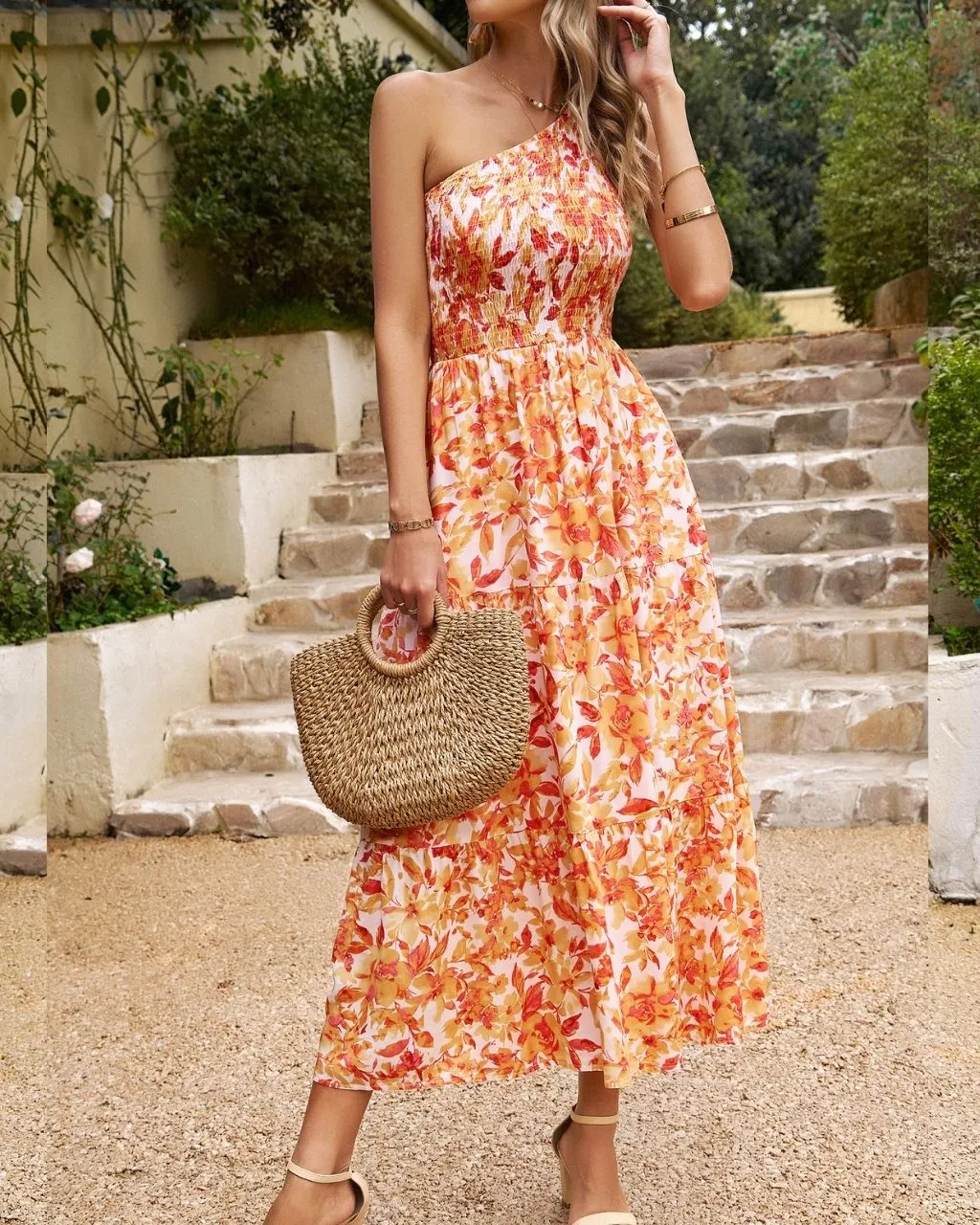 Cleo Floral One Shoulder Midi - Peach